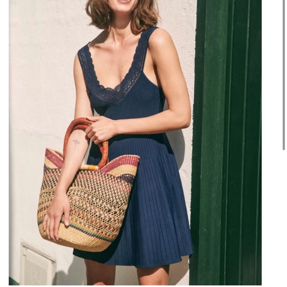 Sezane Dresses & Skirts - La Maille Sezane Jasmine Navy Lace Trim Mini Dress Size M